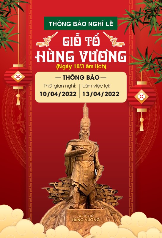Holiday announcement poster for Hung Kings' Commemoration Day featuring a golden statue, with bamboo illustration, poster thông báo lịch nghỉ Giỗ tổ Hùng Vương